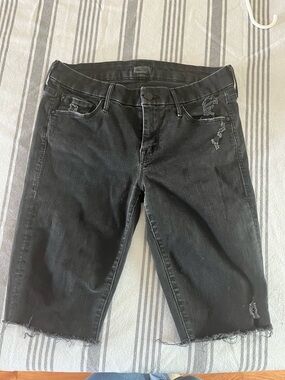 MOTHER Black Distressed Cropped Bermuda Length Denim Shorts